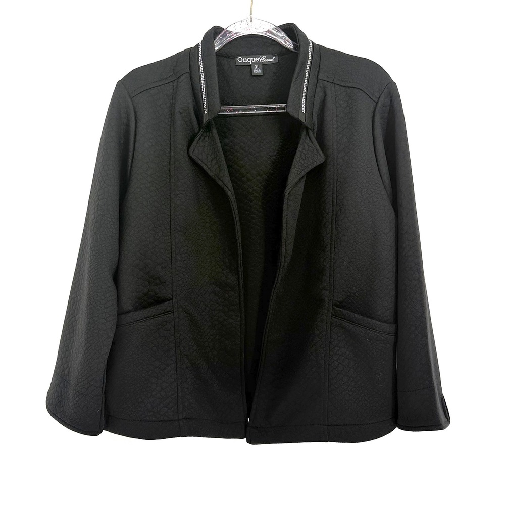 Onque Casual Black Quilted Rhinestone Trim Open Front Jacket Sz XL Womens Blazer